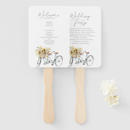 タンデム素朴自転車ひまわりウォーター結婚カラー ハンドファン (正面&裏面)