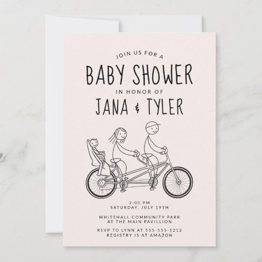 タンデム自転車のベビーシートに乗った棒人間 招待状 (正面)