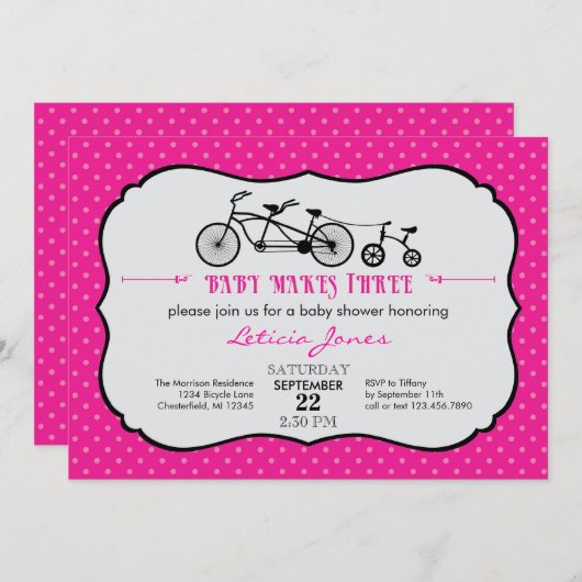 タンデム自転車の女の子のベビーシャワーの招待状 招待状 (正面/裏面)