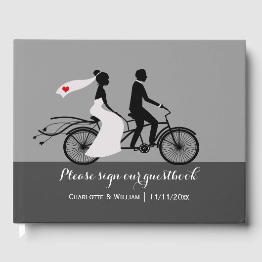 タンデム自転車の新郎新婦パーソナライズされた結婚の ゲストブック (正面)