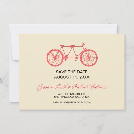 タンデム自転車の結婚式 Save The Date ピンク エクリュ セーブザデート (正面)
