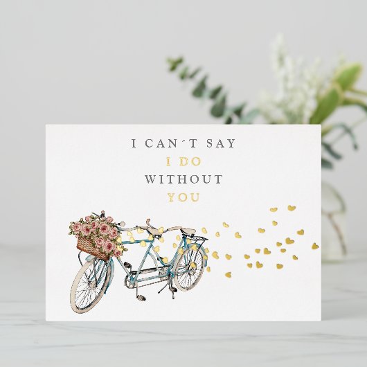 タンデム自転車の花嫁の提案金ゴールド 箔招待状 (立ち正面)