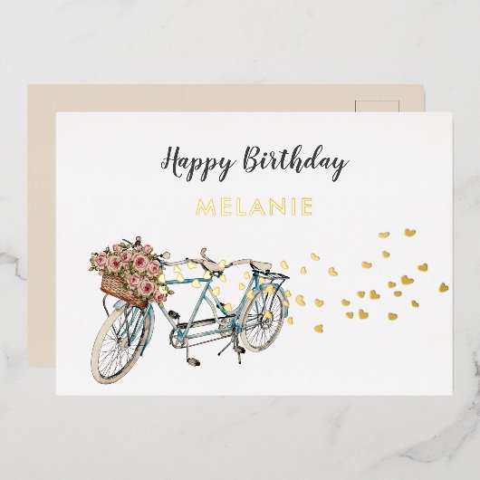 タンデム自転車の誕生日はがき 箔招待状 (正面/裏面)
