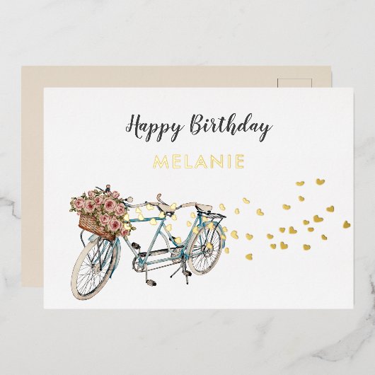 タンデム自転車の誕生日ポストカード 箔招待状 (正面/裏面)