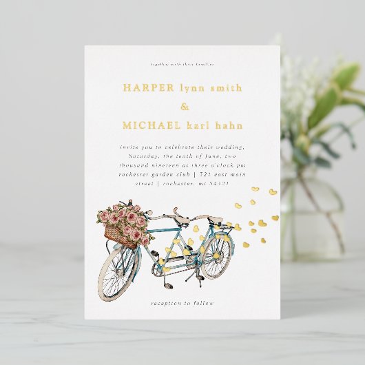 タンデム自転車世界地図結婚式招待状 箔招待状 (立ち正面)