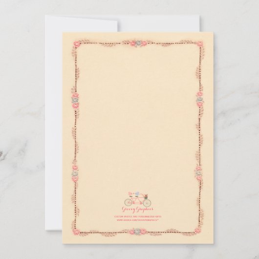 タンデム自転車、鳥とバナーブライダルシャワー 招待状 (裏面)