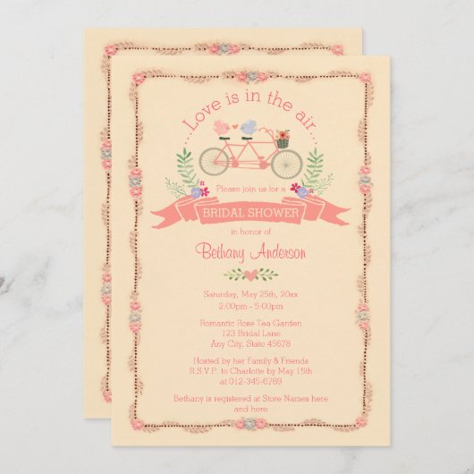 タンデム自転車、鳥とバナーブライダルシャワー 招待状 (正面/裏面)