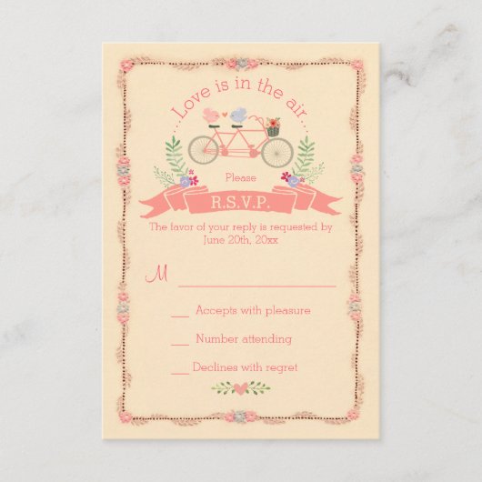 タンデム自転車、鳥とバナー　ウェディング　RSVP 出欠カード (正面)