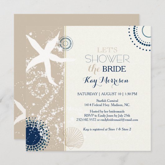 タンネイビーブルーアイボリービーチブライダルシャワー 招待状 (正面/裏面)
