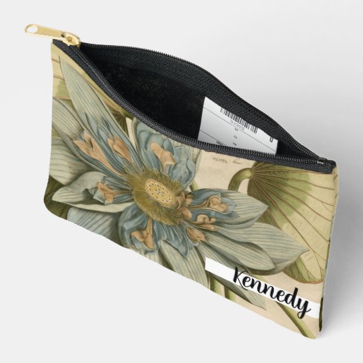 タンバックグラウンドに咲く青い蓮書の花 アクセサリーポーチ (見開き)