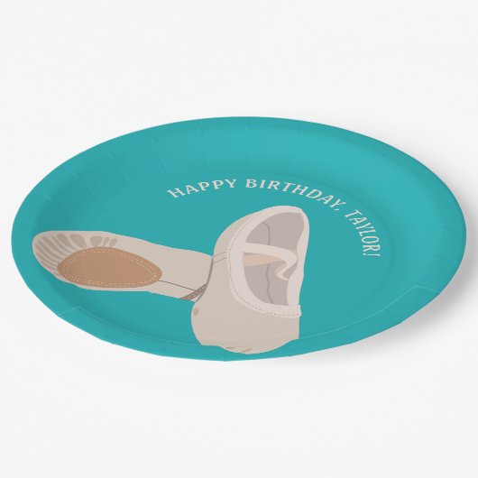 タンバレエシューズオンティール（緑がかった色）パーソナライズされたパーティー ペーパープレート (アングル)
