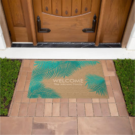 タンバーラップとティール（緑がかった色）パーム葉 ドアマット