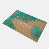 タンバーラップとティール(緑がかった色)パーム葉 ドアマット (アングル)