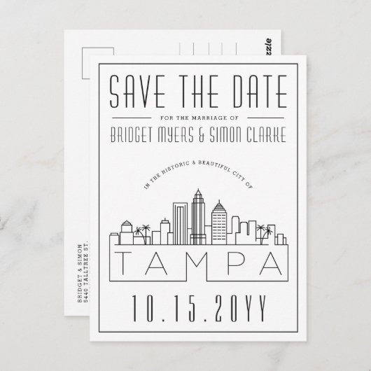 タンパのウェディング | スタイライズされたスカイライン 保存の日付のお知らせ ポストカード (正面/裏面)