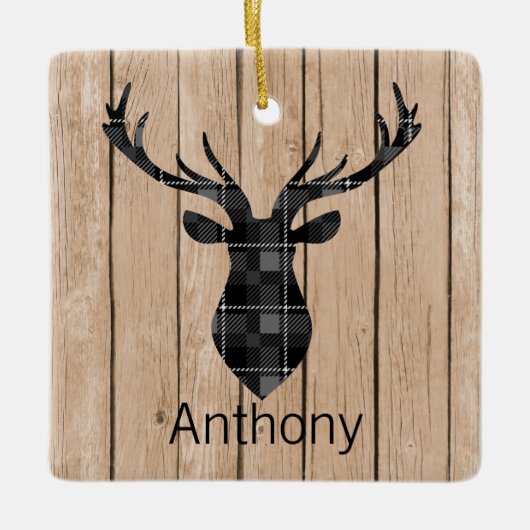 タンフェイクな木の格子縞の大金のシカの頭部 セラミックオーナメント (正面)