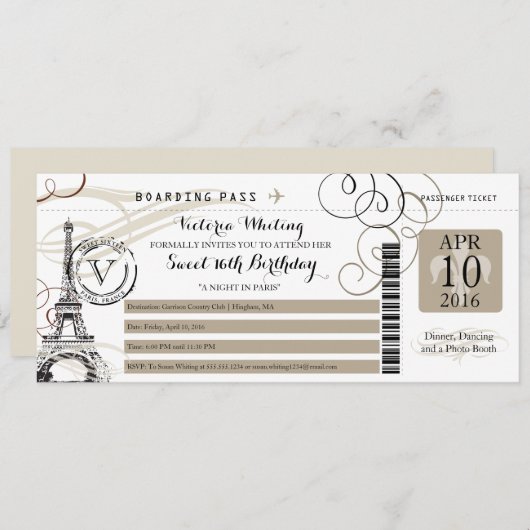 タンブラックパリエッフェルタワー | スウィート16誕生日 招待状 (正面/裏面)