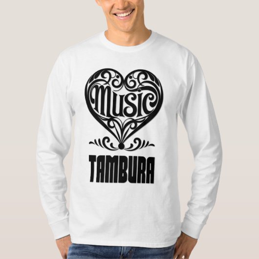 タンブーラ愛好家のための優雅なスクロールハート Tシャツ (正面)