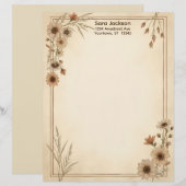 タンベージュの花と草の文房具ペーパー レターヘッド (正面/裏面)