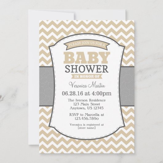 タンベージュグレーシェブロンベビーシャワー招待状 招待状 (正面)