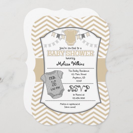 タンベージュグレーシェブロンベビーシャワー招待状 招待状 (正面/裏面)