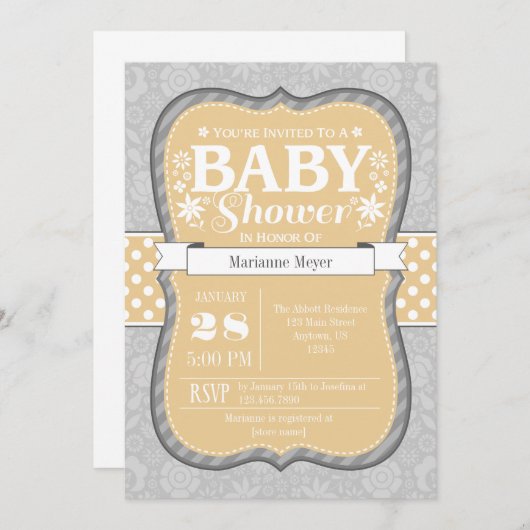 タンベージュグレーフローラフラワーベビーシャワー招待状 招待状 (正面/裏面)