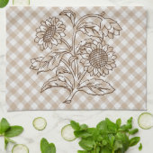 タンベージュブラウンギンガムパターンにヒマワリ キッチンタオル (折り畳み)