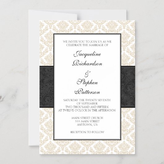 タンベージュブラックダマスク磁気ウェディングの招待 マグネット招待状 (正面)