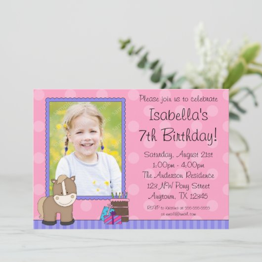 タンホースピンクの水玉模様写真誕生会 招待状 (スタンド正面)