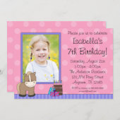 タンホースピンクの水玉模様写真誕生会 招待状 (正面/裏面)