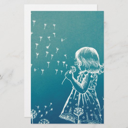 タンポポで吹いている小さな女の子 便箋 (正面/裏面)