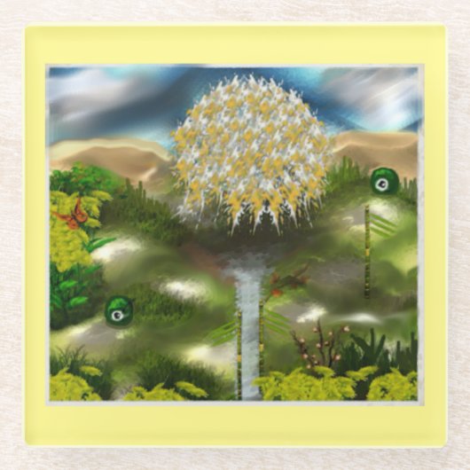 タンポポのシュールな目の夢 ガラスコースター (正面)