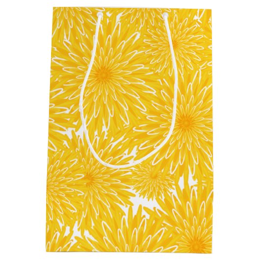 タンポポの日当たりの良い黄色の花のパターンのフィールド ミディアムペーパーバッグ (裏面)