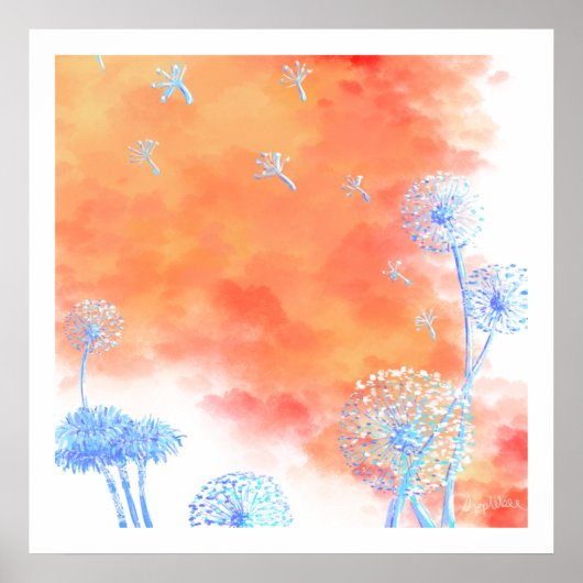 タンポポの時計とコーラルオレンジ色の雲canva ポスター (正面)