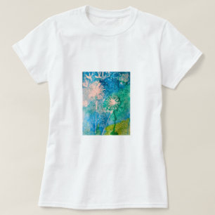 タンポポの水彩抽象 青と緑 Tシャツ