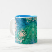 タンポポの水色抽象芸術ブルーとグリーン ツートーンマグカップ (正面左)