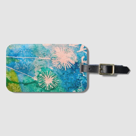 タンポポの水色抽象芸術ブルーとグリーン ラゲッジタグ (正面横)