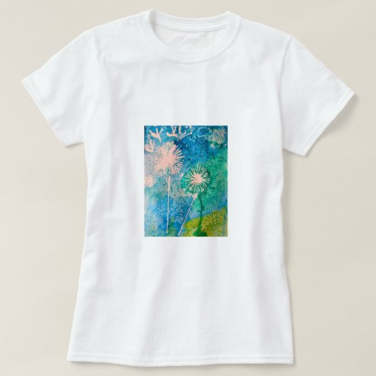 タンポポの水色抽象芸術ブルーとグリーン Tシャツ (デザイン正面)