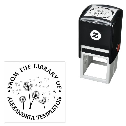 タンポポの種が風に乗って飛ばされる 図書館の本の名前 R セルフインキングスタンプ (インサイチュ)