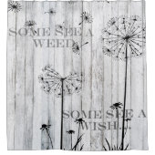 タンポポの種、白い木製の塀 シャワーカーテン (正面)