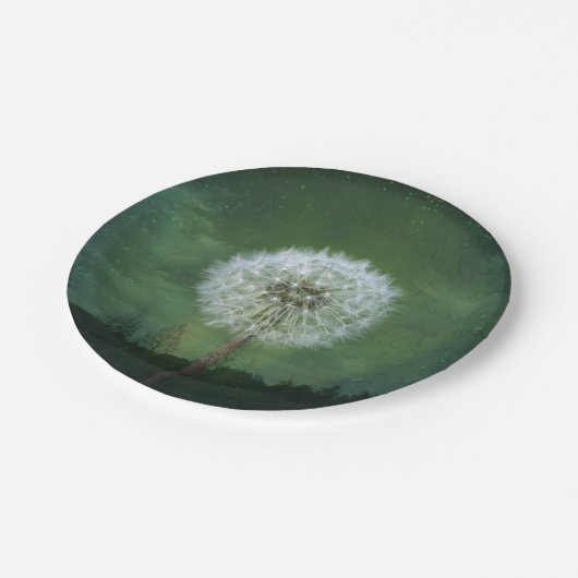 タンポポの花の綿毛の星明かりの空の芸術 ペーパープレート (アングル)