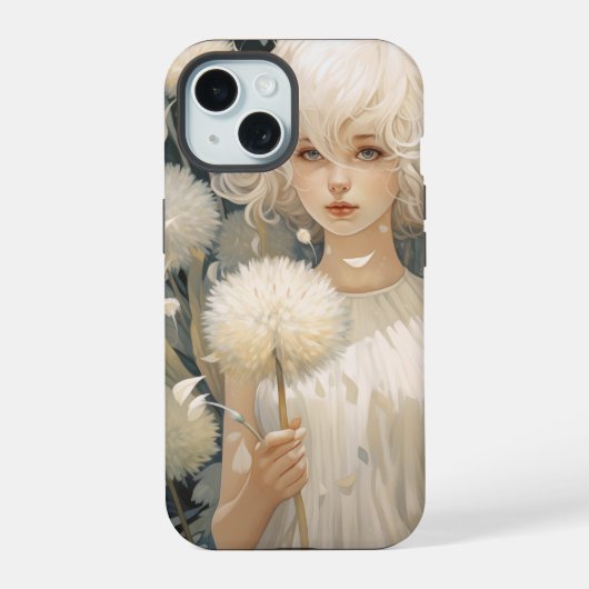 タンポポのiPhone 15ケースを持つ女の子 iPhone 15ケース (裏面)