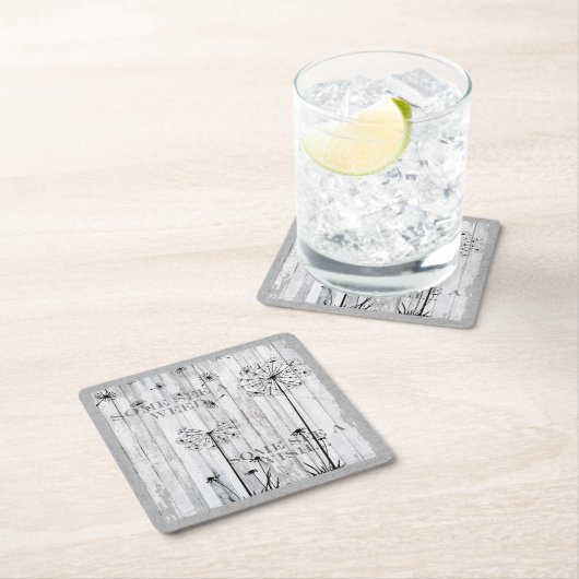 タンポポは夢みるような灰色の引用文を望みます スクエアペーパーコースター (インサイチュ)