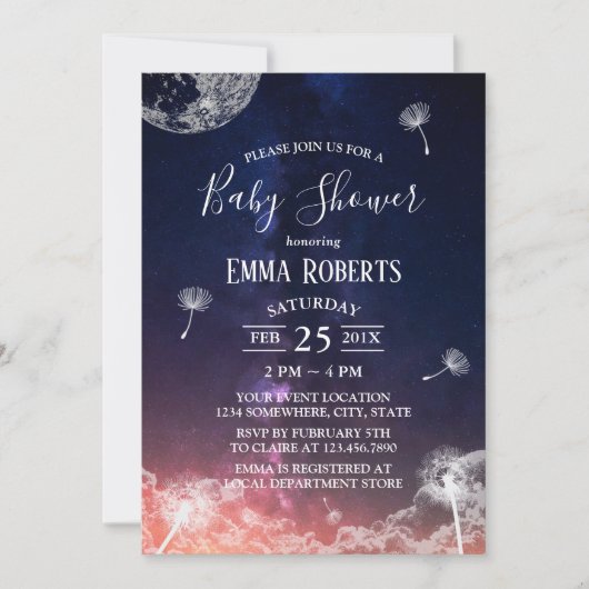 タンポポを吹く月と星のベビーシャワー 招待状 (正面)
