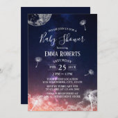 タンポポを吹く月と星のベビーシャワー 招待状 (正面/裏面)