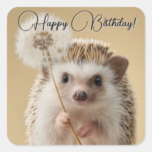 タンポポを抱えた愛らしいハリネズミ スクエアシール (正面)