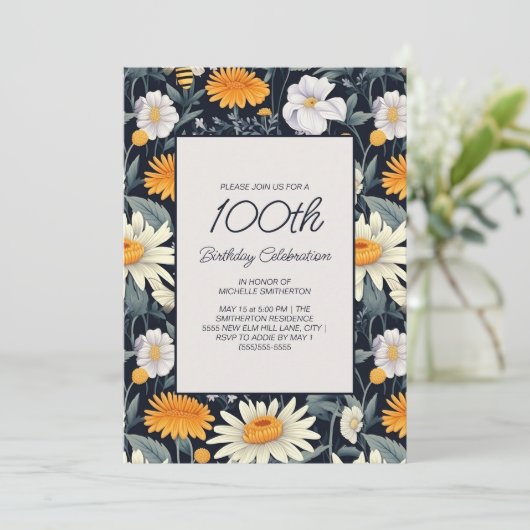 タンポポデイジーネイビーブルー大人100誕生日 招待状 (スタンド正面)