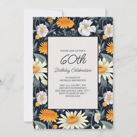 タンポポデイジーネイビーブルー大人60誕生日 招待状 (正面)