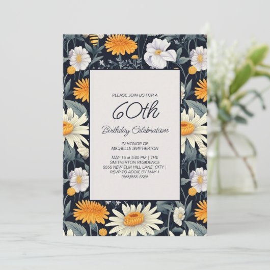 タンポポデイジーネイビーブルー大人60誕生日 招待状 (スタンド正面)