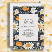 タンポポデイジーネイビーブルー大人90誕生日 招待状