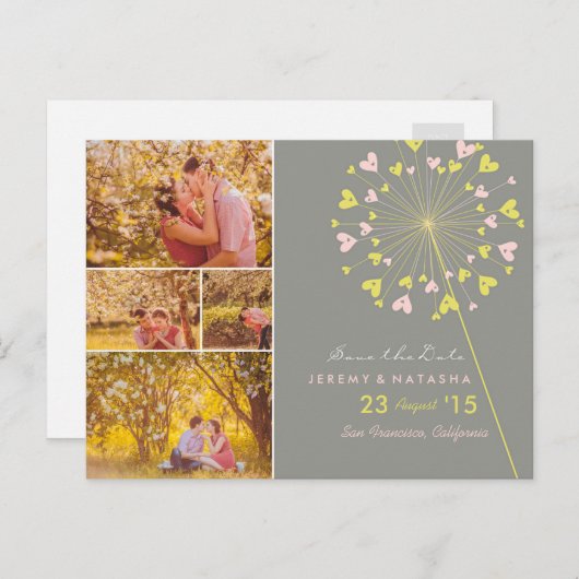 タンポポ愛のハート数々の4写真の日付を保存 案内ポストカード (正面/裏面)